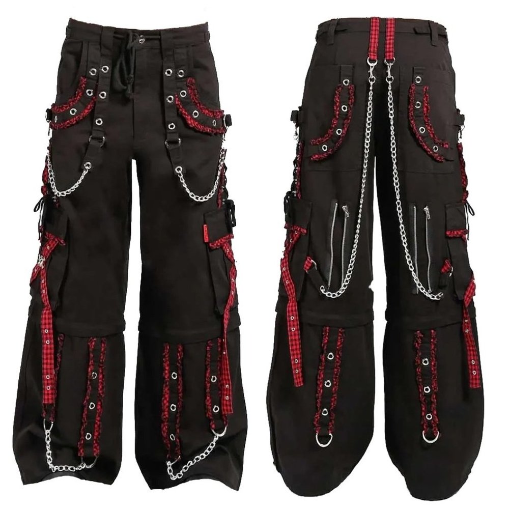 EXTREME BONDAGE GOTHIC PUNK ROCKER CYBER GOTH RED & BLACK STEAMPUNK BIKER PANTS - Picture 2 of 5